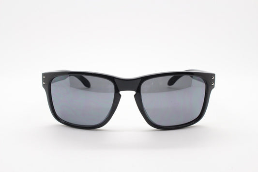 Y2K vintage rectangular sunglasses. Large curved mens black gloss frame with dark grey lenses. NOS