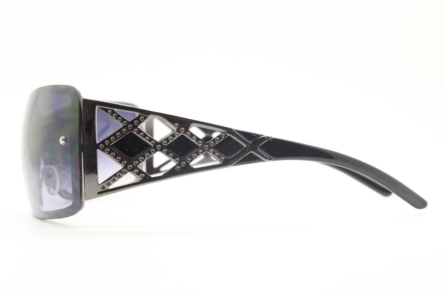 Y2K vintage visor sunglasses. 2000's grey wraparound mono lens mini mask shield design with stupendous lattice arms. Bug eye. Unworn NOS