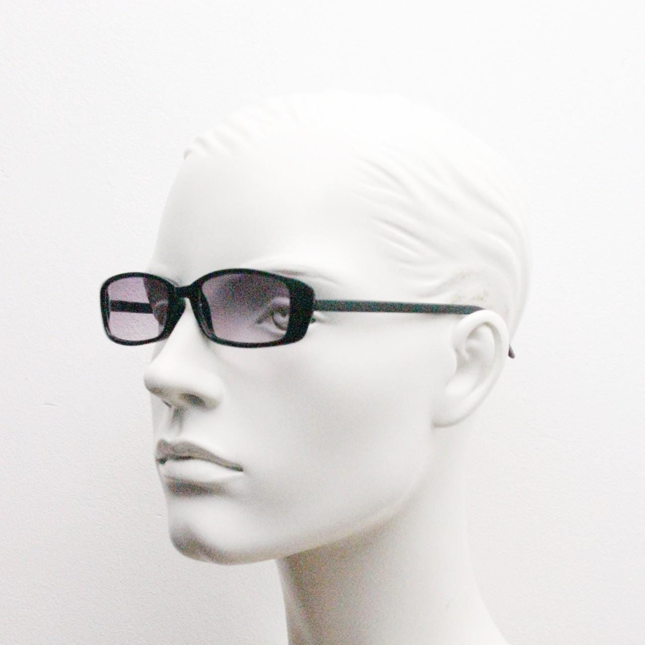 90s vintage rectangular sunglasses. Slim low profile black gloss frame with light tone  purple lenses. Y2K 2000s. BNWT Unused NOS