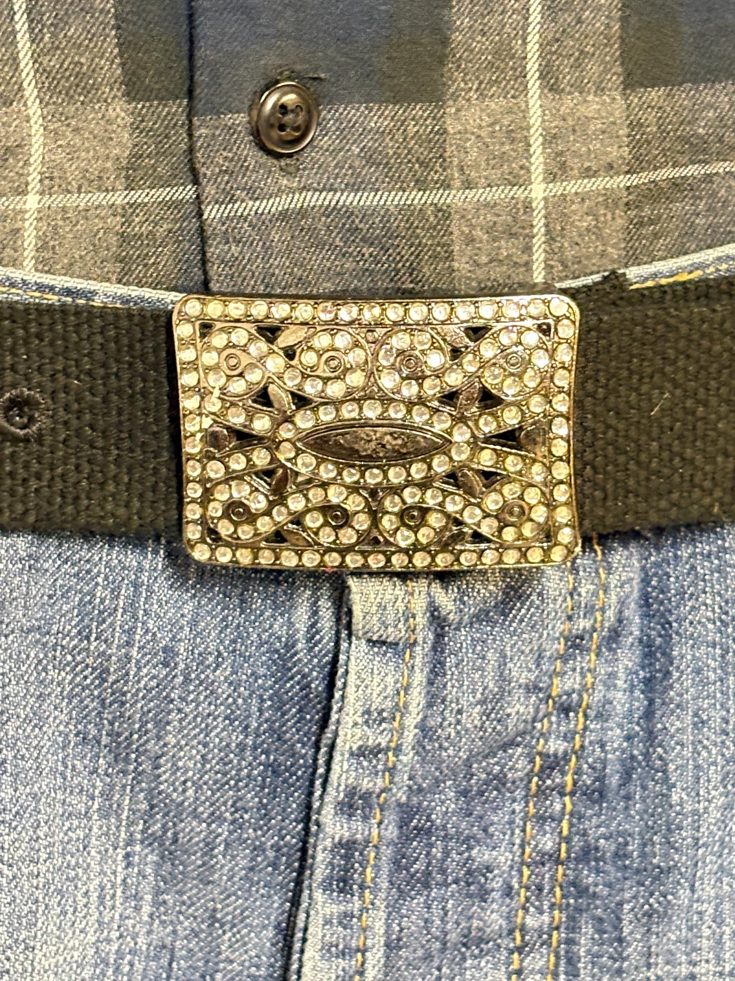 Y2K vintage canvas black army style belt with gunmetal grey buckle with ornate diamante pattern. 2000s ice bling. Rhinestone. Unused NOS