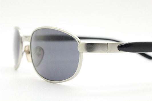 90s vintage small bug eye rectangular sunglasses. Satin finish silver frame with black gloss arms. Unused. 2000s. NOS