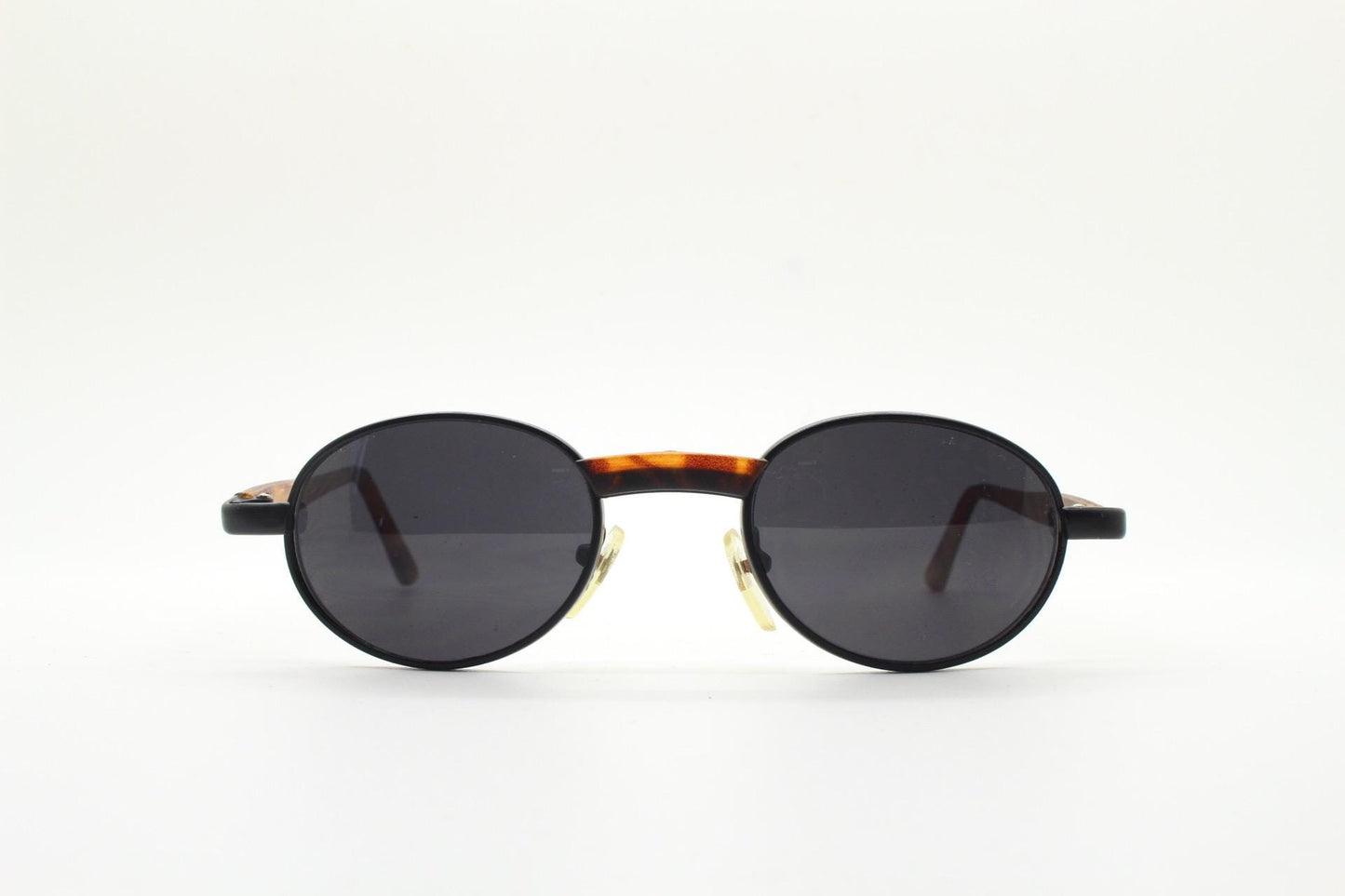90s oval vintage metal sunglasses. Classic 1990s features of minimal satin finish solid frame with matt tortoise arms. Steampunk. Unused NOS
