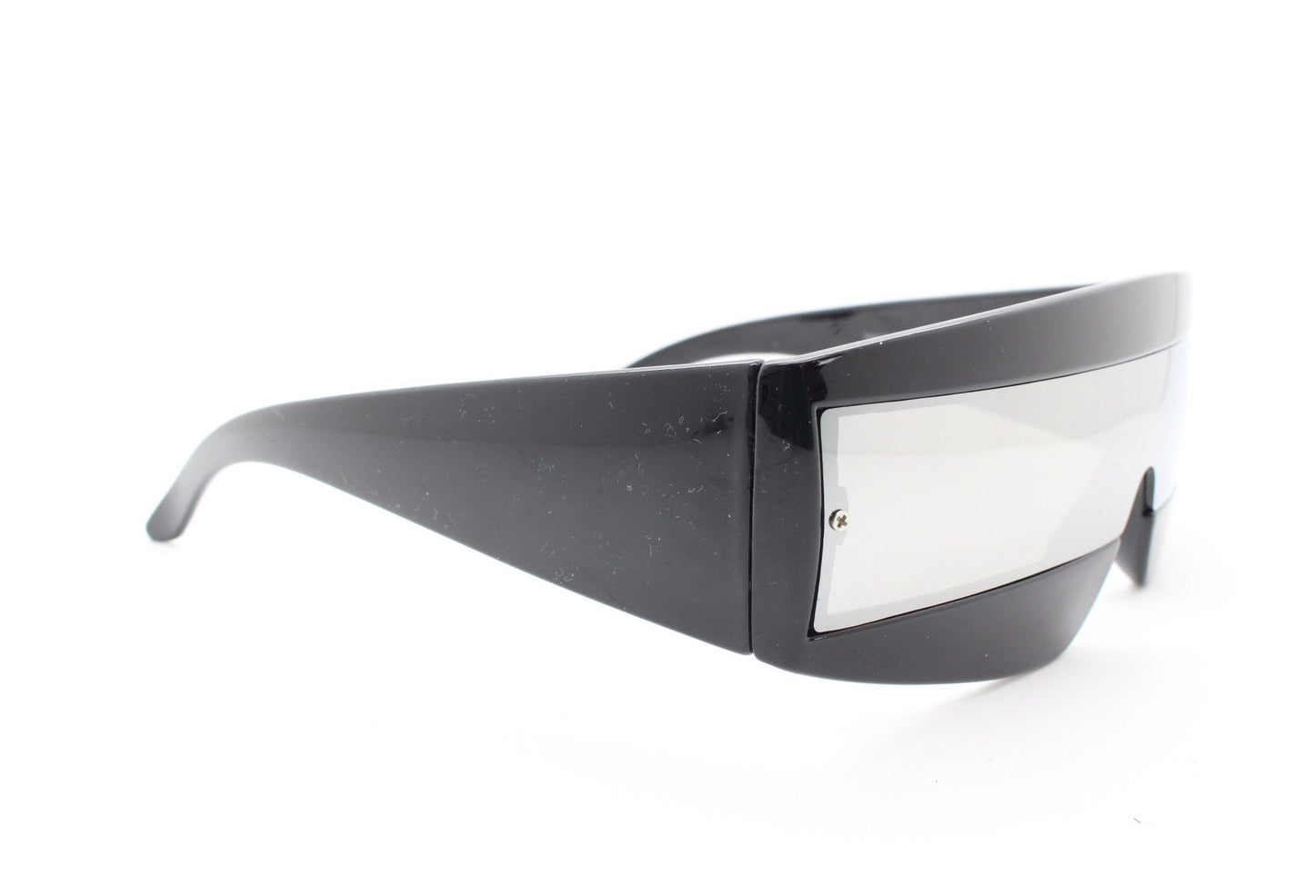 Y2K vintage square visor sunglasses. Black 80s style robot shield design mirror mask mono lens with full height arms. 2000s NOS BNWT