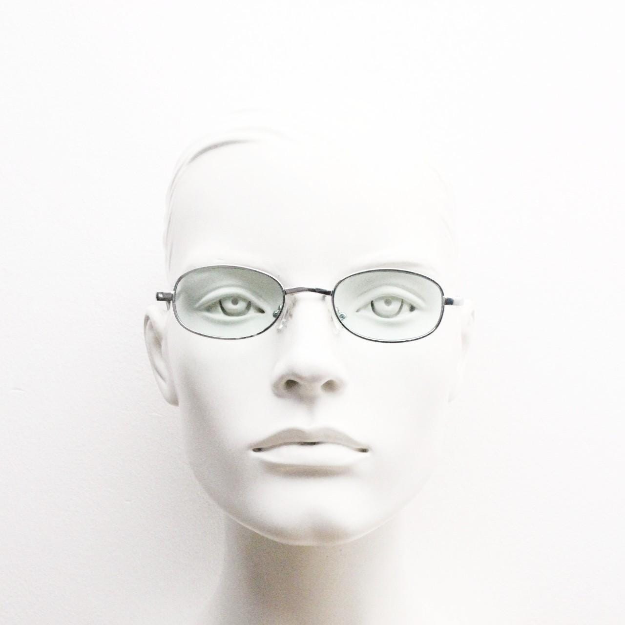 90s micro foldable oval sunglasses. Light green lenses in a small silver folding compact frame. Folder. Rave 2000s. Y2K. NOS
