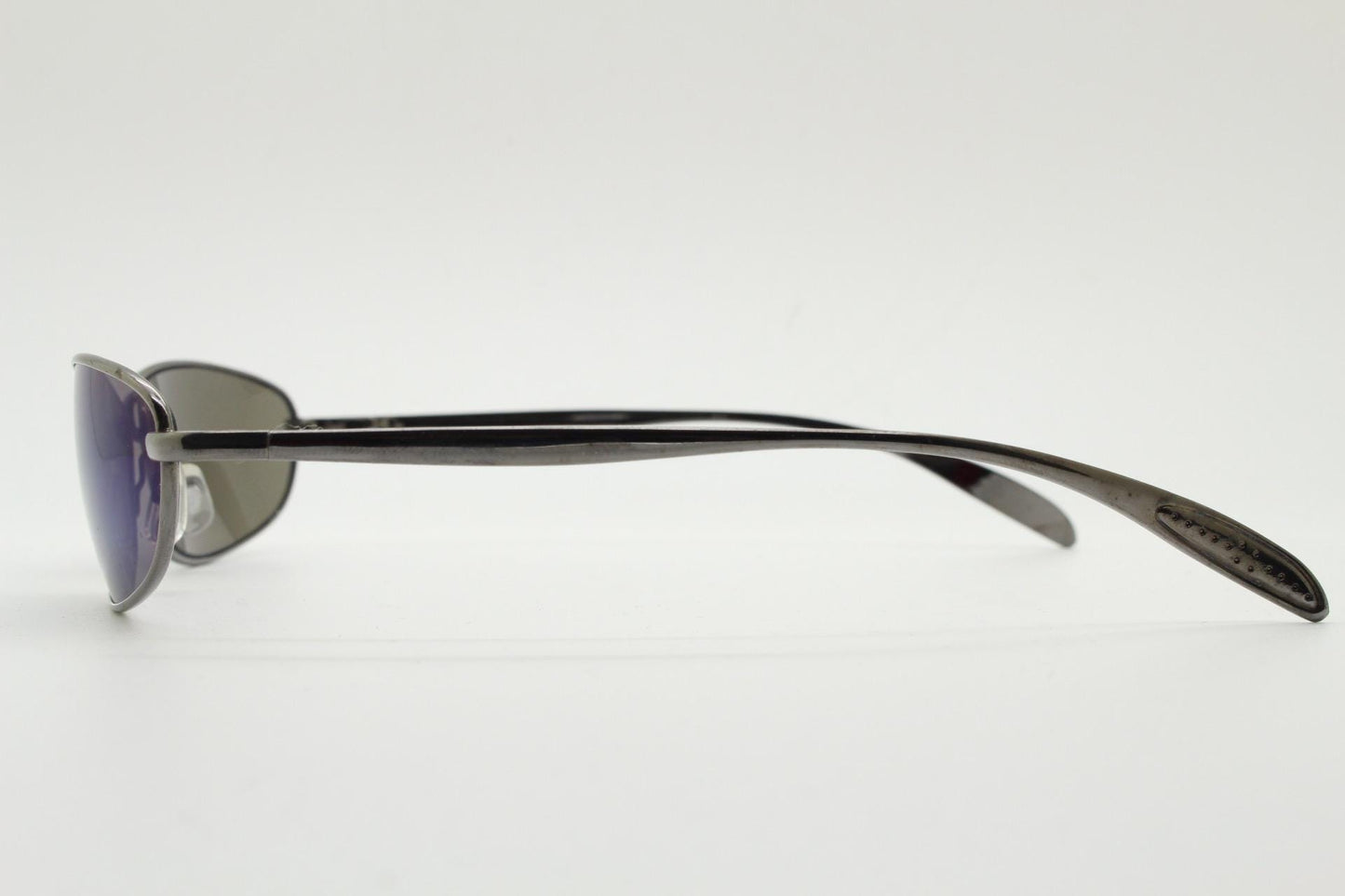 90s vintage oval small bug eye sunglasses. Curved grey chrome finish solid metal frame with blackout mirror lenses. Quality NOS