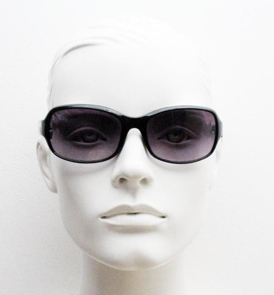 Y2k vintage wrap around rectangular sunglasses. Curved black gloss frame with graduating grey lenses. 2000's bug eye. NOS
