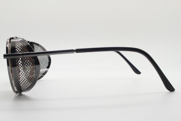 90s vintage round goggle sunglasses. All metal grey chrome frame with folding perforated side blinkers. Spoilers. Steampunk. Cosplay. NOS