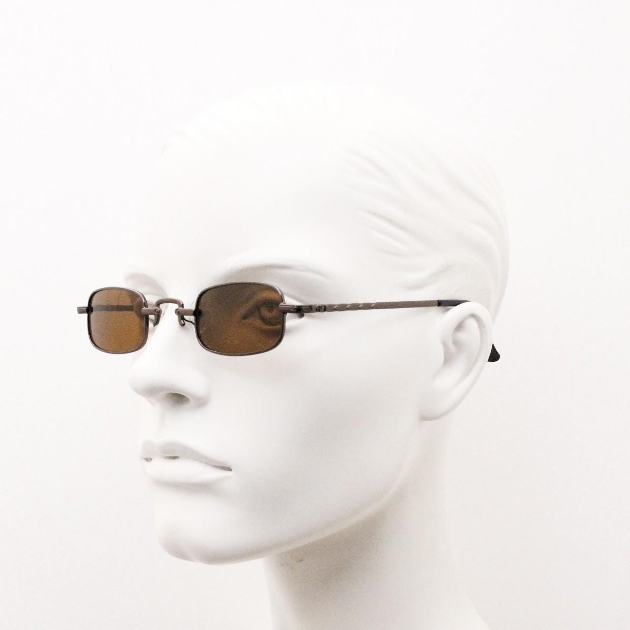 90s vintage small rectangular sunglasses. Imposing minimal brown chrome victorian style frame with matching lenses. Steampunk. Unused NOS