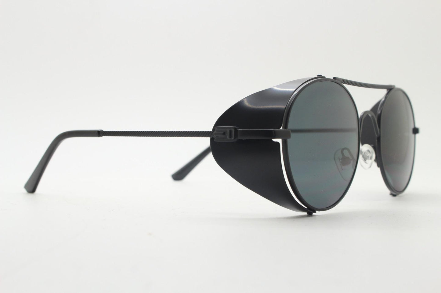 90s vintage round goggle sunglasses. All metal black satin frame with folding side blinkers. Spoilers. Steampunk. Cosplay. NOS