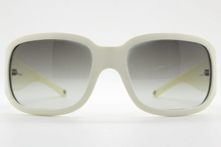 Versace Y2k vintage wrap around bug eye sunglasses. Curving white acetate shield frame with huge spell out diamante logo. 2000s. Rhinestone