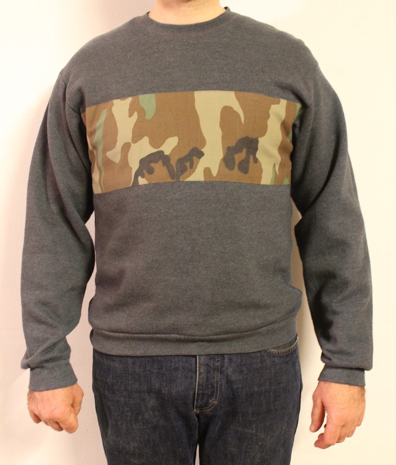 Customised Hanes vintage sweatshirt. Grey fitted crew neck pullover with camouflage panel. Round neck cammo jumper. Mens S