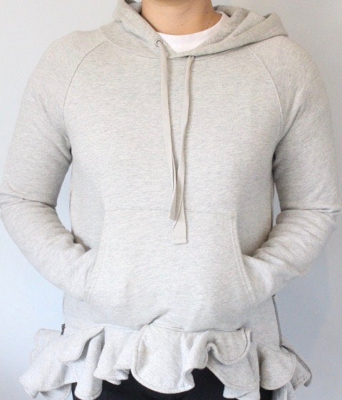 Valentino for Gap vintage Y2K pullover hoody. Grey cotton sweat top with cascading frilled edge and tail. 2000s designer collab