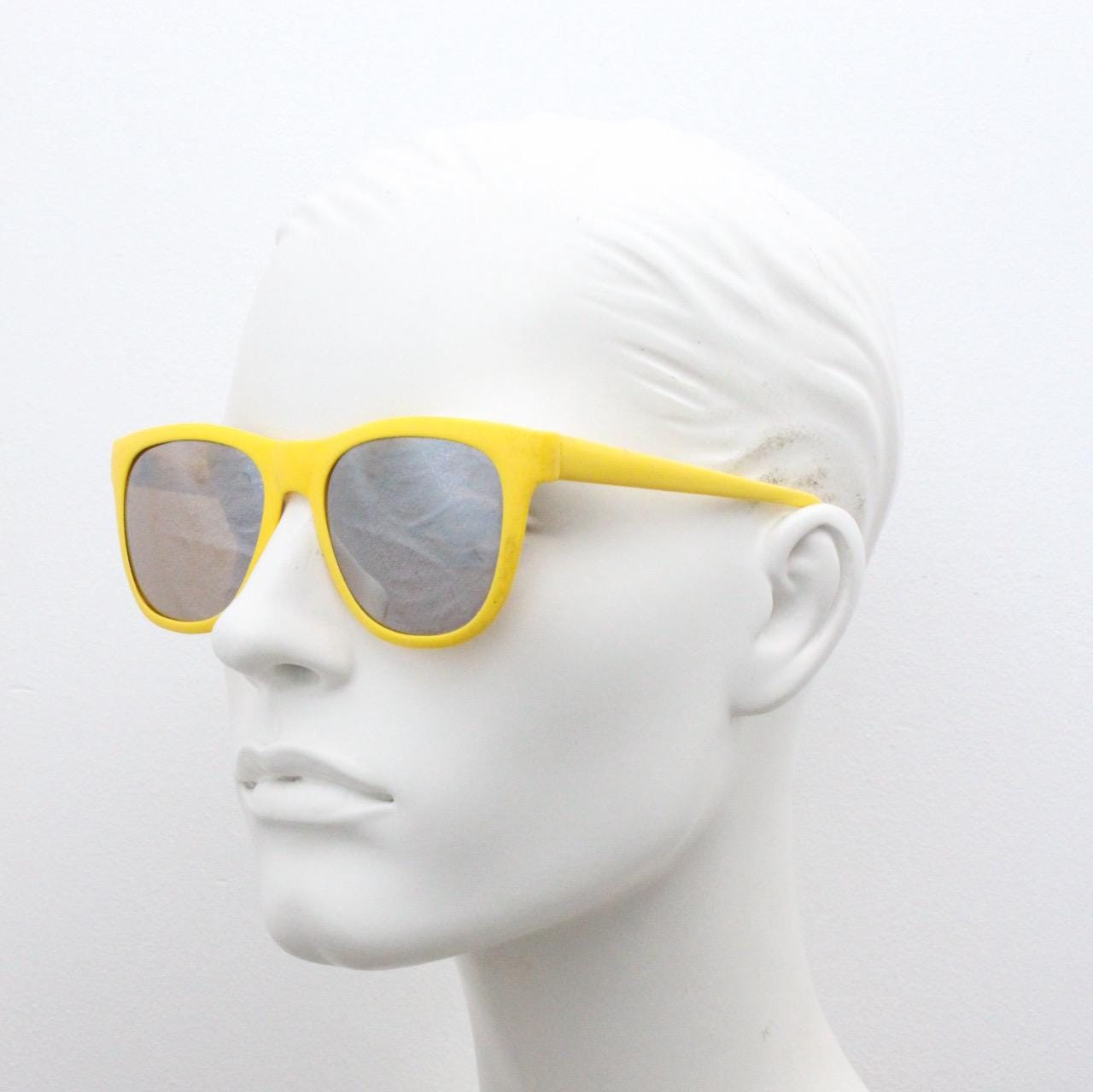 Vintage 80s square sunglasses. All time classic design in canary yellow with silver mirror lenses. Party monster magnet shades. NOS