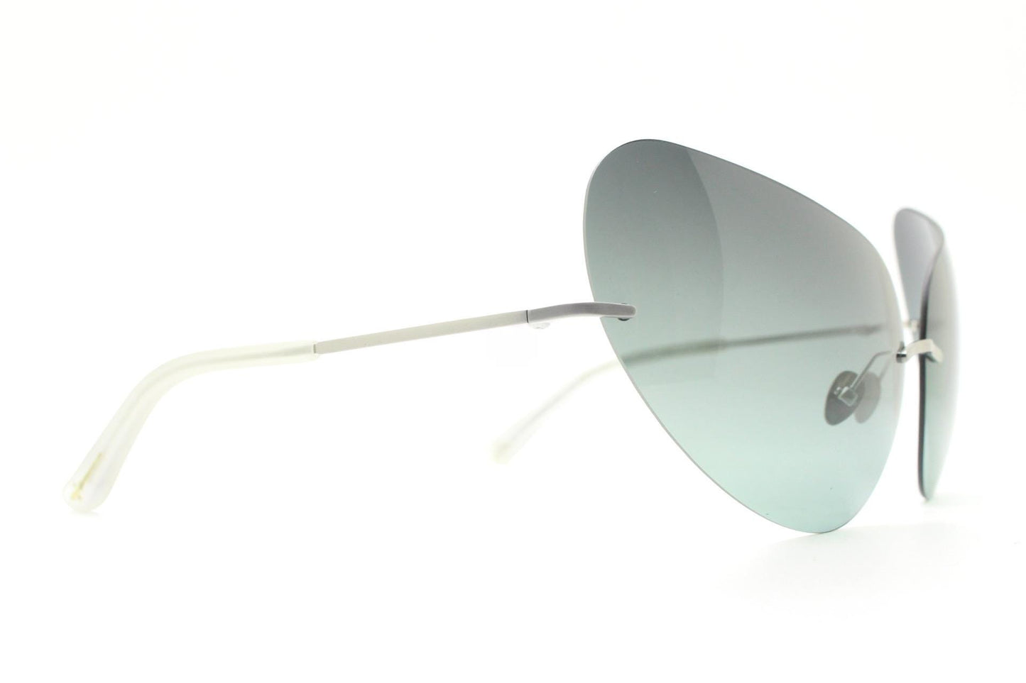 Linda Farrow cat eye sunglasses made in Japan by Todd Lynn. Massive frameless green cateye. Luxe Gallery Projects Vintage. NOS Full Set