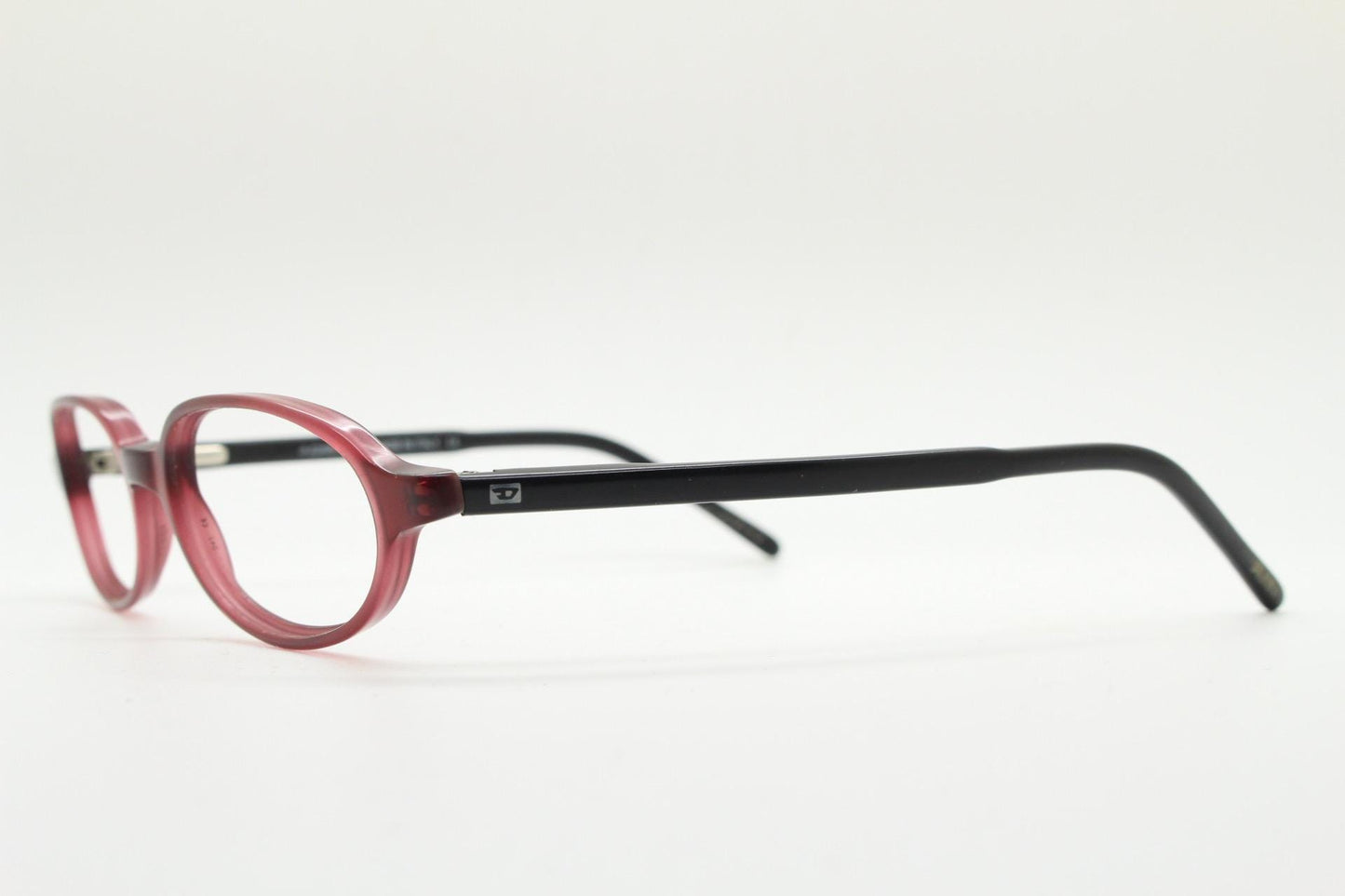 Diesel small oval eye glasses. Transparent brown front with black gloss arms. Acetate optical frames. Prescription 90s Vintage RX Spectacles