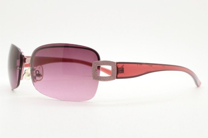 Y2K vintage rectangular purple sunglasses. Half frame 2000's wrap around with lethal mulberry curved lenses, gold trim and temple crests