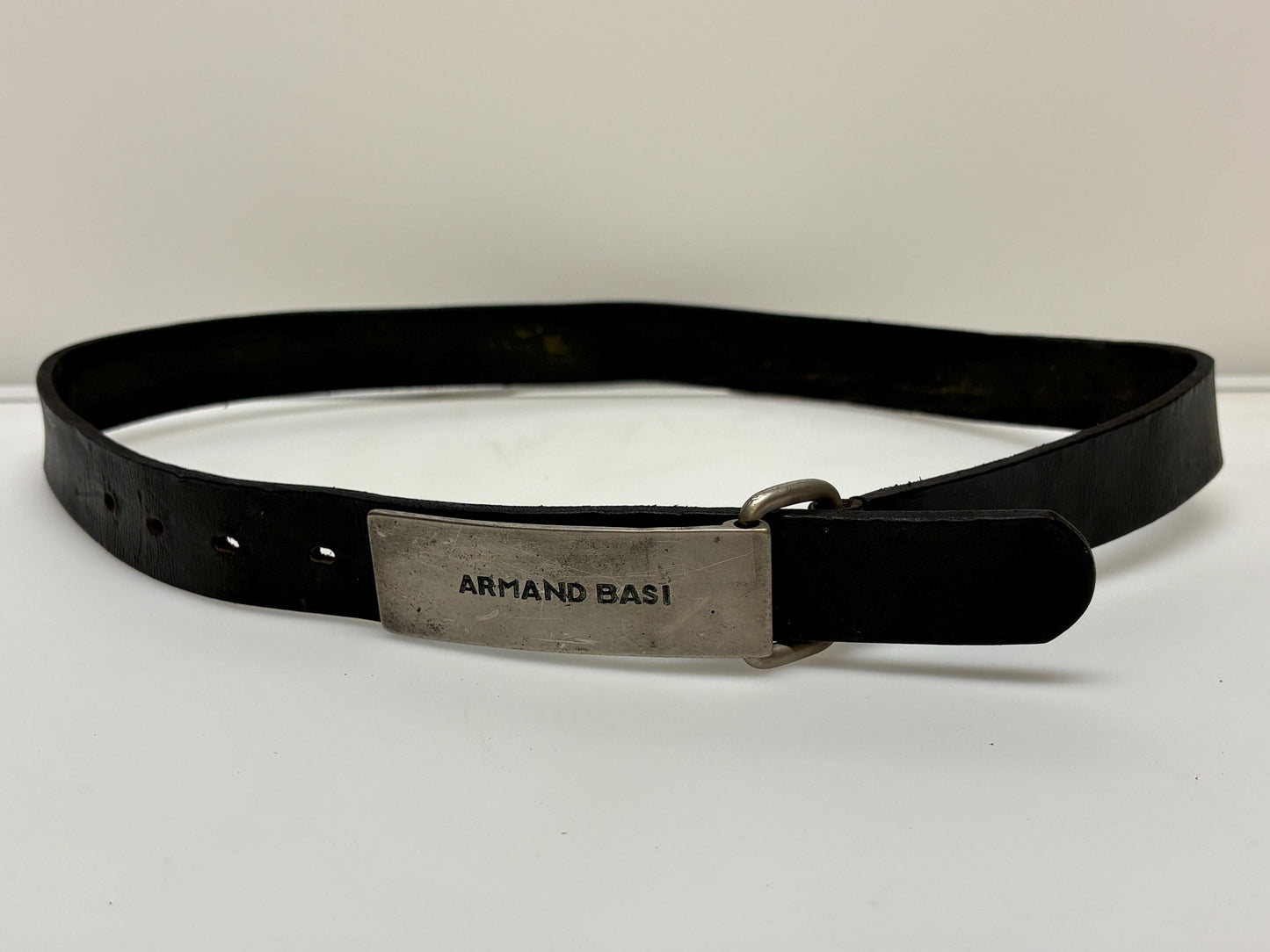 Armand Basi 90s vintage thick black genuine leather belt with distressed wide rectangular metal logo buckle. Single piece cowhide. Mens