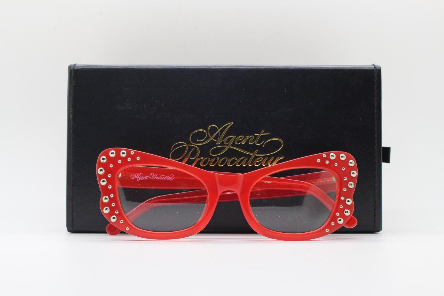 Agent Provocateur cat eye glasses made in Japan  Linda Farrow. Studded red optical frame. Luxe Gallery Projects. Vintage. NOS Full Set