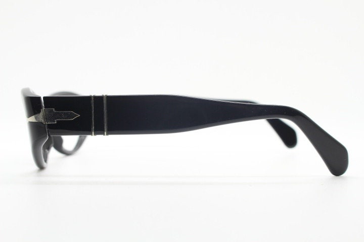 Persol cropped cat eye glasses. Plain Black gloss chunky acetate optical frame with big arms. Prescription eyeglasses. RX spectacles