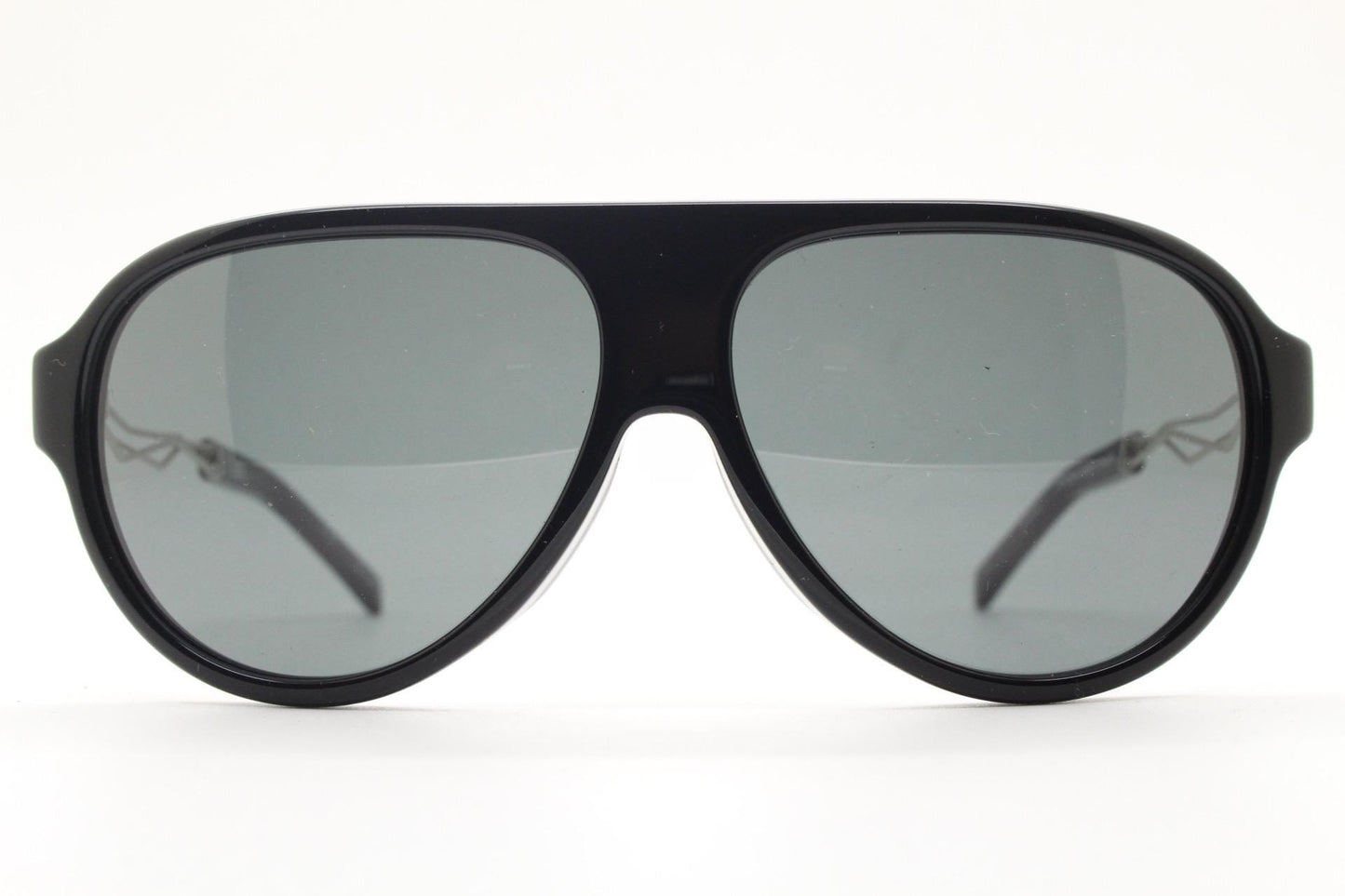 Prabal Gurung stylized aviator sunglasses made in Japan by Linda Farrow. Black frame with innovative abstract metal arm  Vintage Collab. NOS