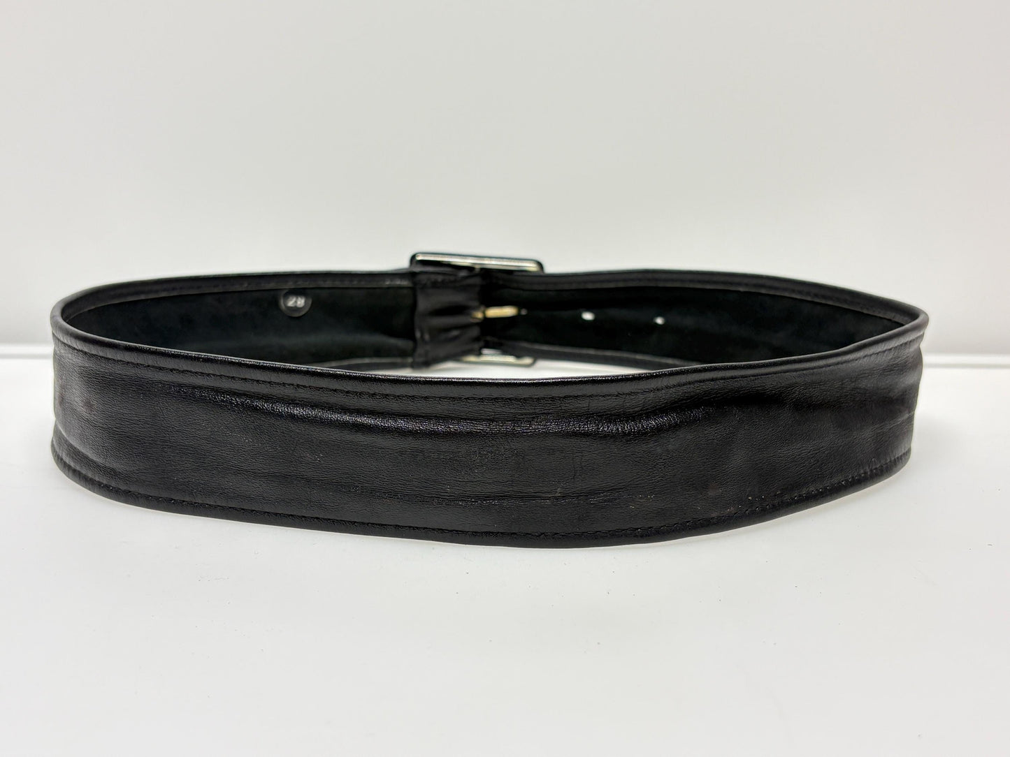 Astor 80s vintage womens leather 2" dress feature belt. Fine quality all black subtle statement belt with covered buckle. Rockabilly revival