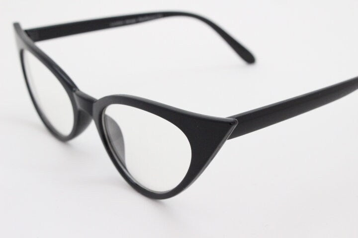 Y2K pointed cat eye glasses. Vintage black slender clear lens optical frame. Womens prescription eyeglasses. 50s style rockabilly spectacles