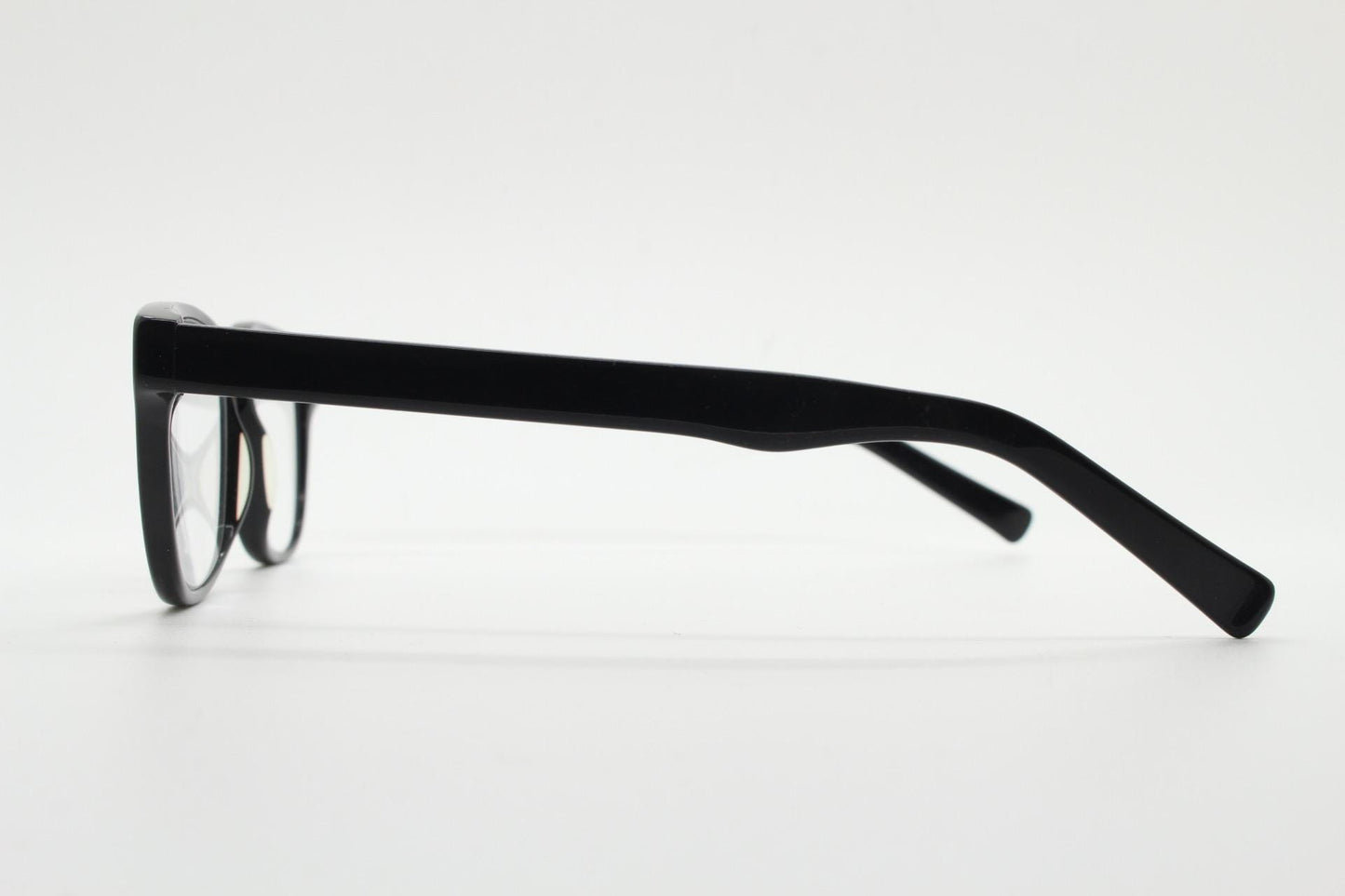 Andi Black rectangular horn rim eye glasses. Black gloss 40s design acetate optical frames with keyhole bridge. Prescription RX spectacles