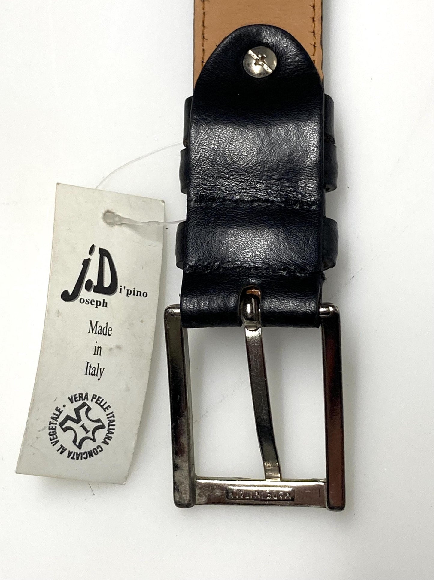 90s vintage black genuine leather belt made in Italy by Joseph Di Pino. Minimal straightforward design with stitched sides. BNWT