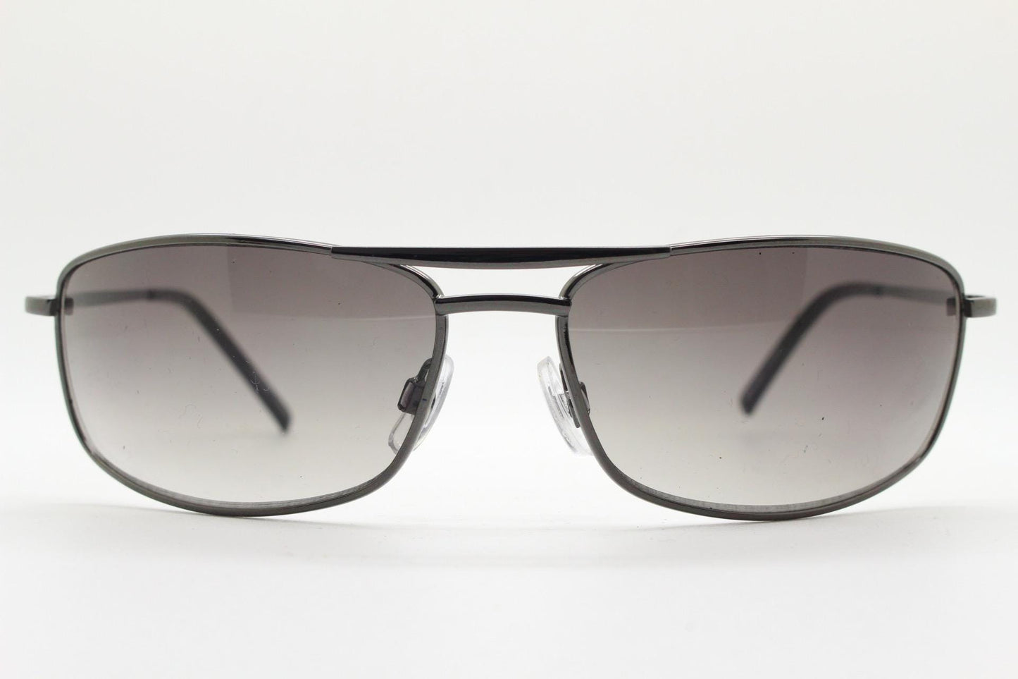 90s vintage rectangular wrap around sunglasses. Gunmetal chrome curved frame aviators with light tone gradient lenses. Unused NOS