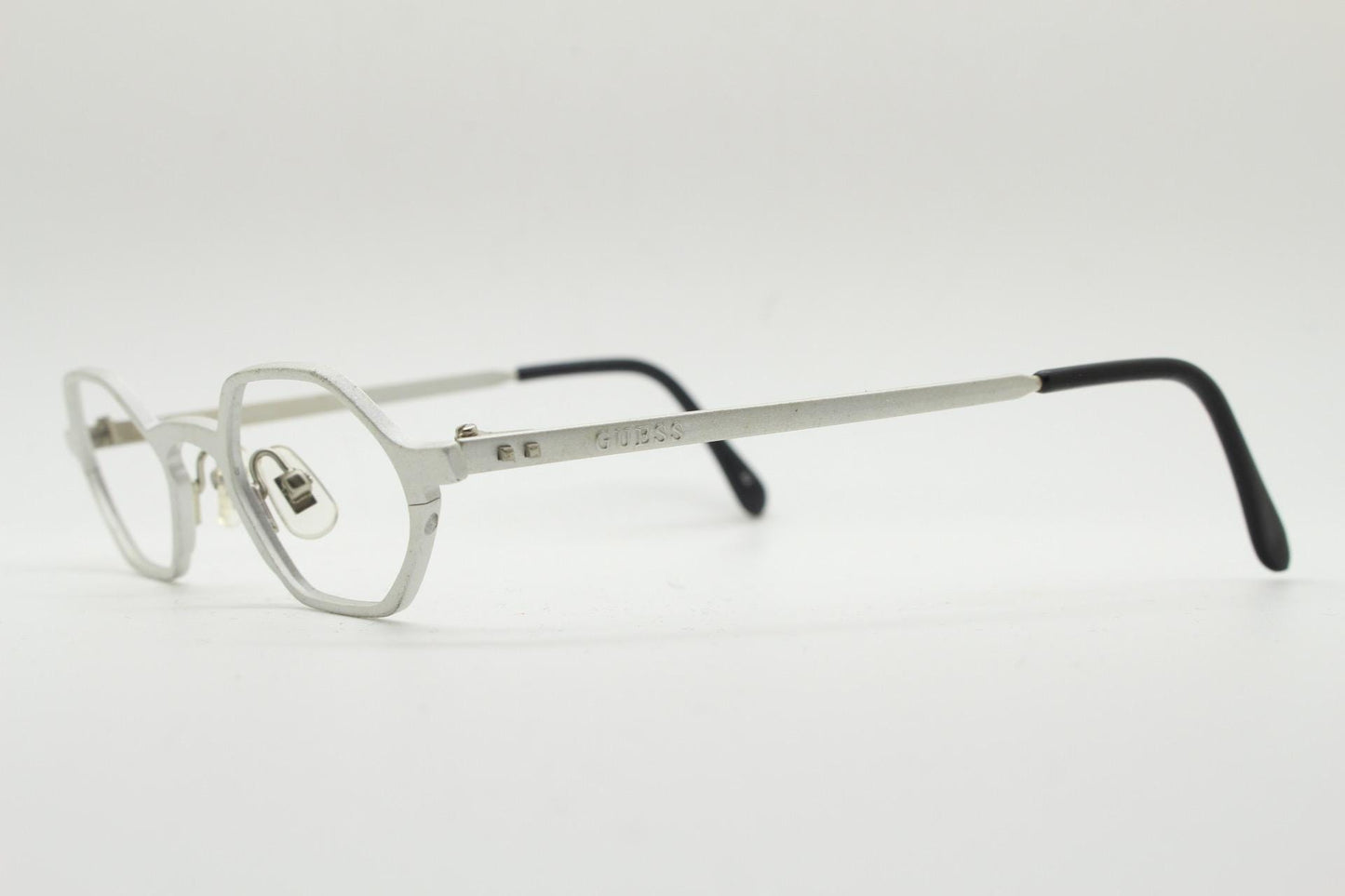 Guess 90s vintage hexagon eye glasses. Minimal matt silver micro style optical frames. Uber tech fashion. Prescription RX. Steampunk