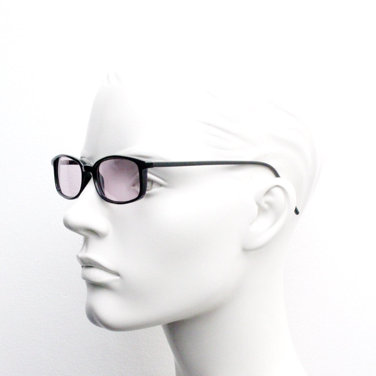 90s vintage rectangular sunglasses. Slim low profile black gloss frame with extra light tone lilac purple lenses. Y2K 2000s. BNWT Unused NOS