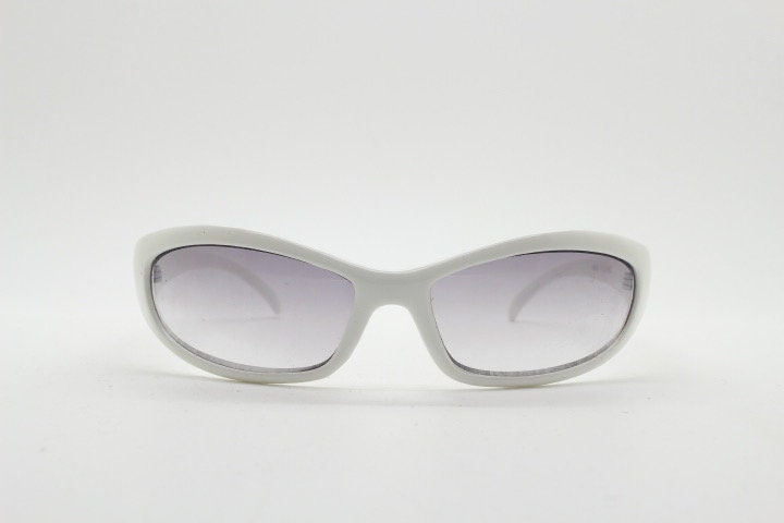 Y2k vintage wrap around bug eye sunglasses. Curving ice white shield frame with light tone lenses. Rave. Super hero cosplay 2000s NOS