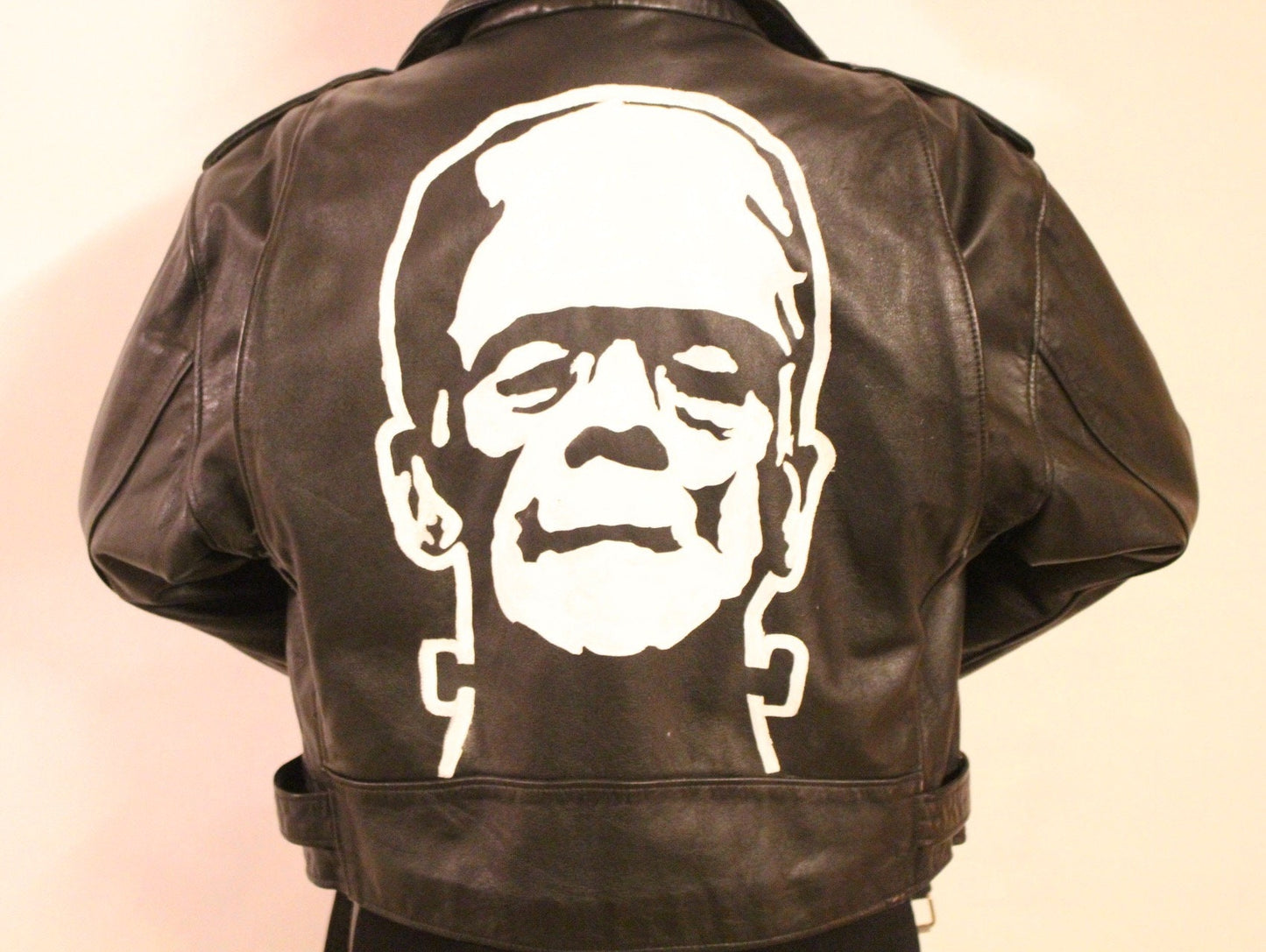 80s Vintage black motorcycle jacket with hand painted Frankenstein. Genuine leather biker with unique one off Boris Karloff design
