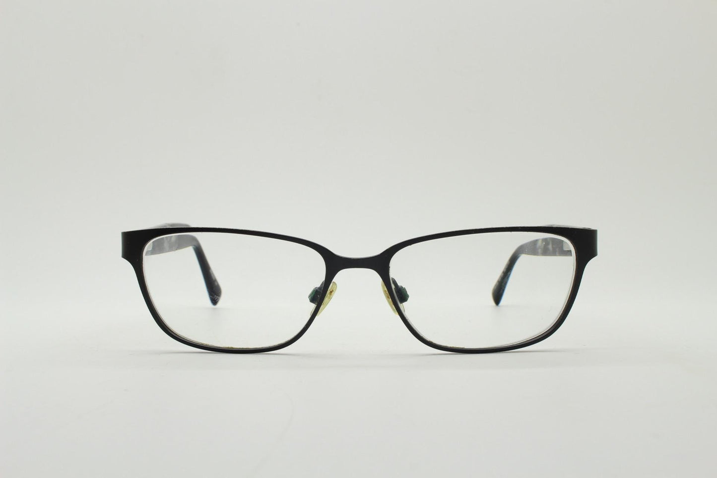 Karen Millen vintage rectangular cat eye glasses. Black satin finish metal front with grey marbled arms. Optical frames. Womens prescription
