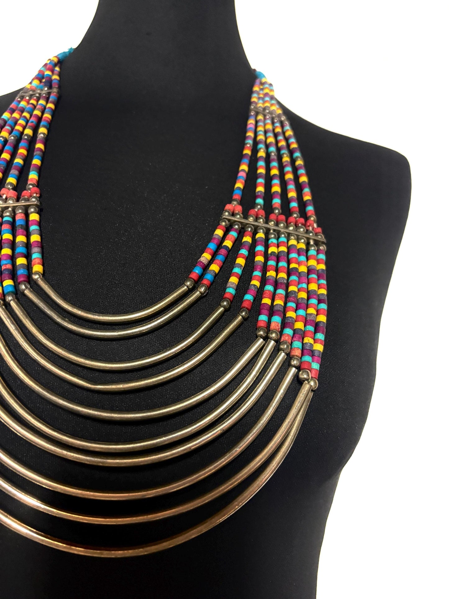 Y2K vintage massive statement Masai style beaded chain necklace. Multi coloured beads with concentric semi circle metal crescents. NOS
