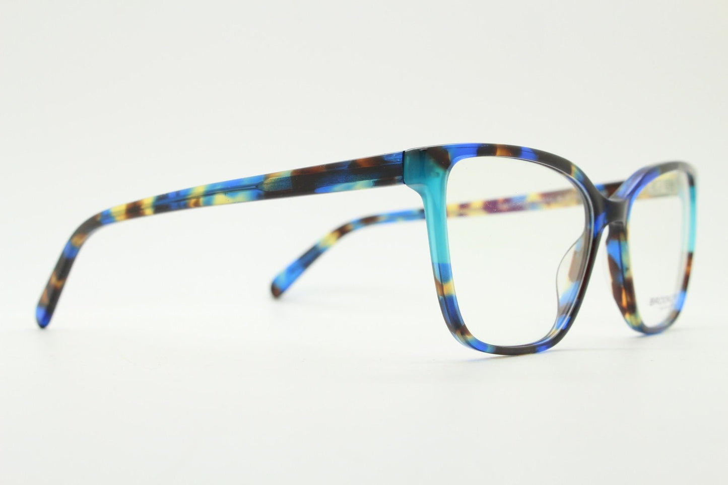 Modified cat eye glasses by Brooklyn. Vibrant blue and brown tones gloss optical frames.  Prescription eyeglasses. RX cateye spectacles