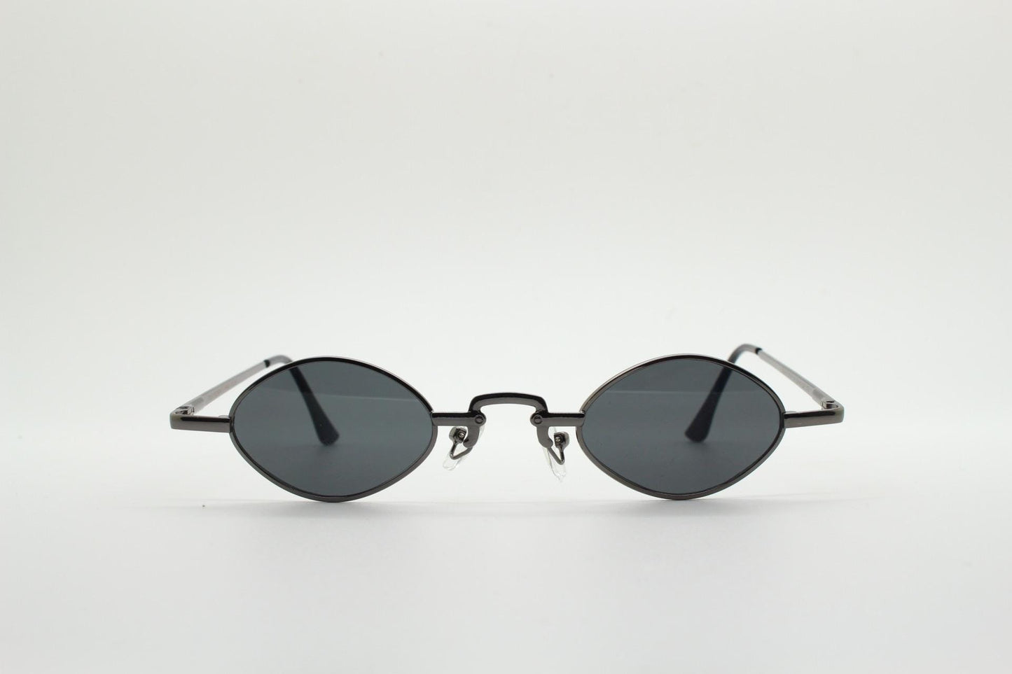 90s vintage small oval sunglasses. Imposing minimal gunmetal grey metal victorian style frame with black lenses. Steampunk. Unused BNWT