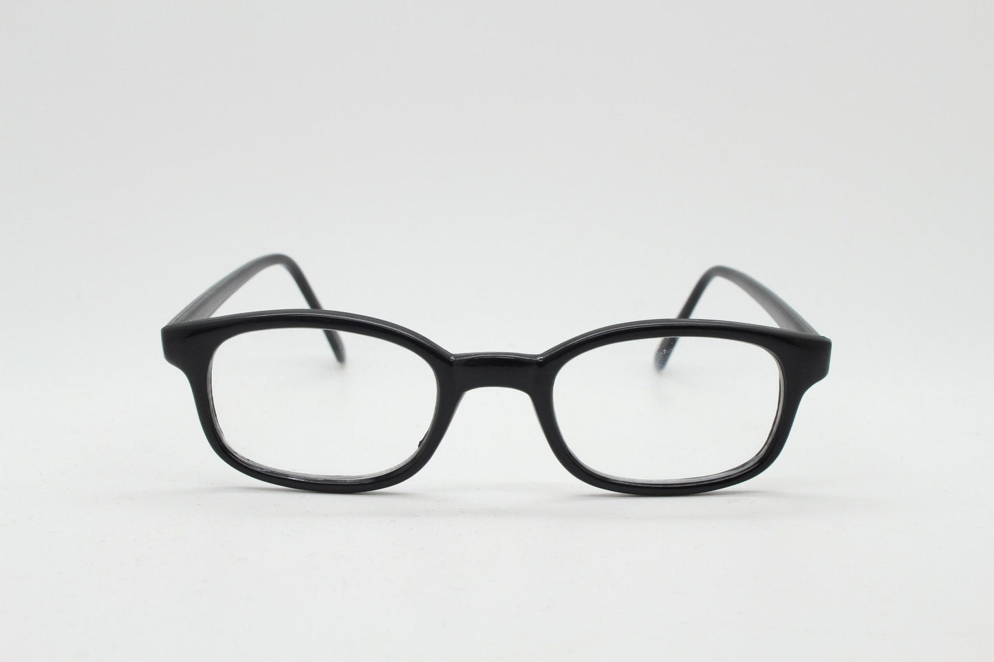80s vintage low profile wayfarer style glasses. Black acetate optical frames with clear lenses. Prescription eyeglasses. RX Spectacles. NOS