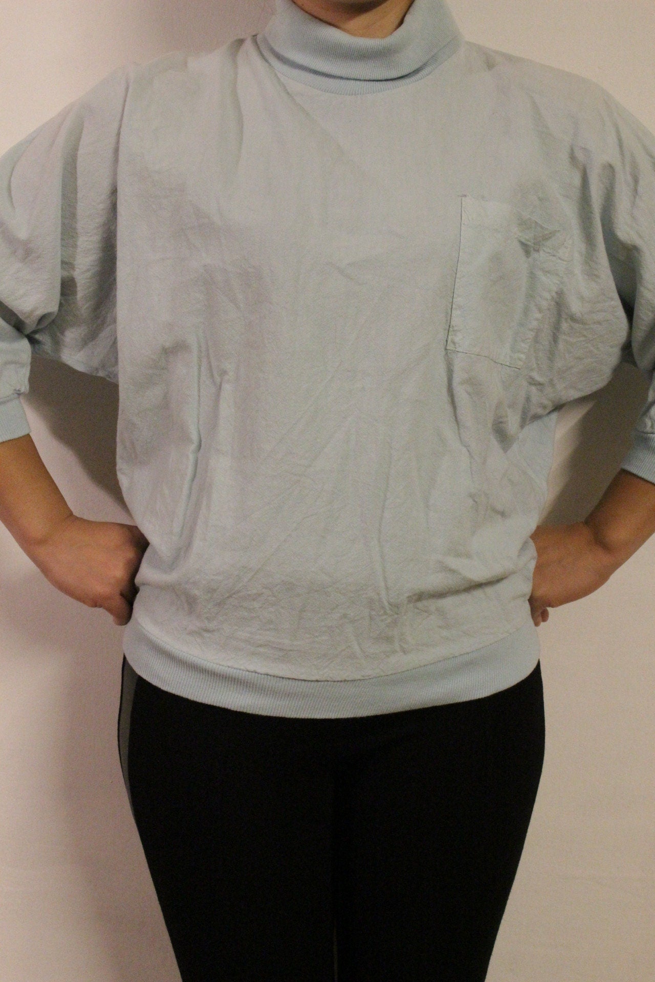80s Vintage pastel green pullover. 3 quarter sleeve polo neck jumper. Womens sweatshirt. Made in England