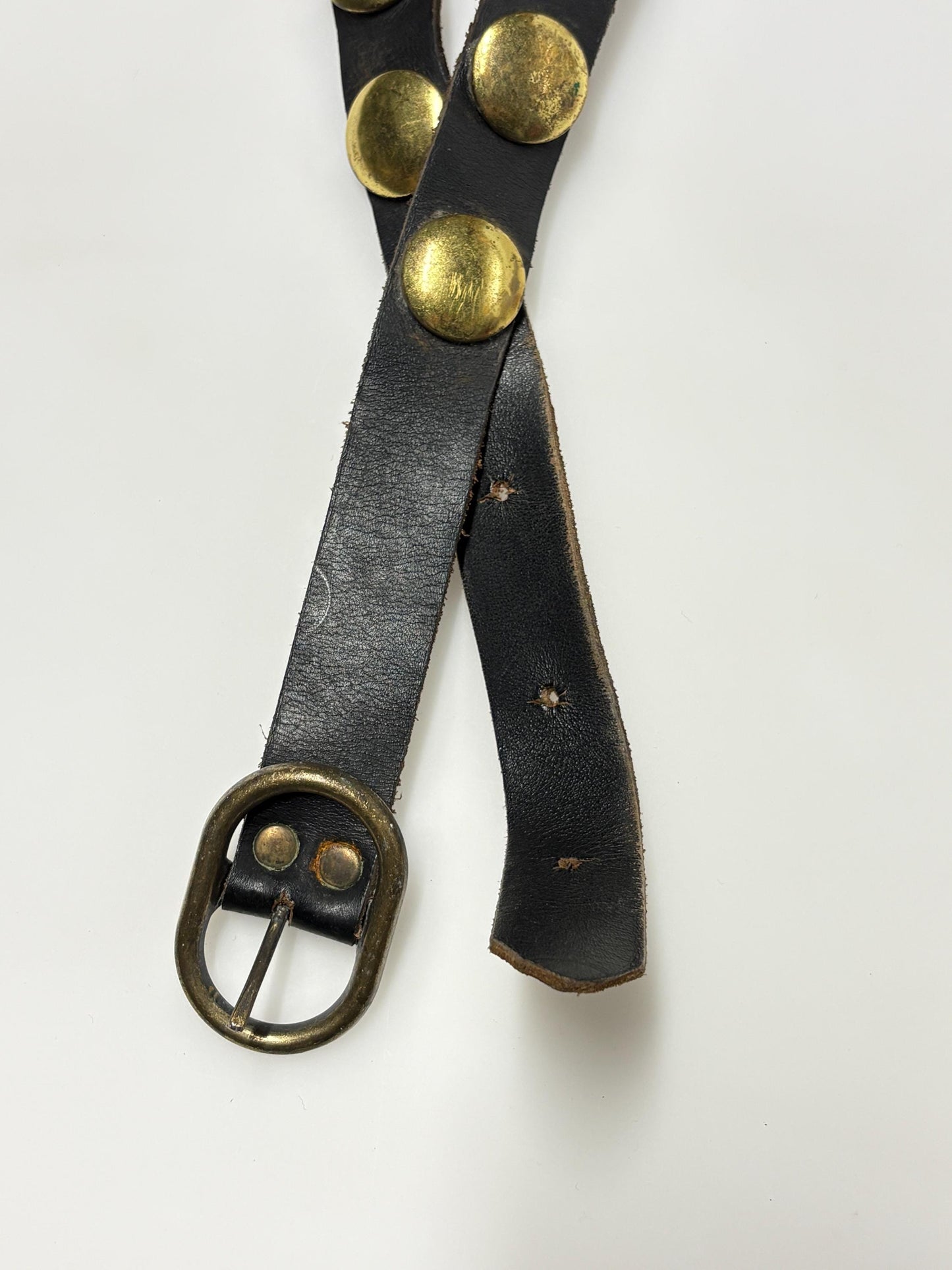 50s vintage double belt for a dress. Black genuine leather 1" height with big brass dome studs. Mexican Mariachi style cowgirl