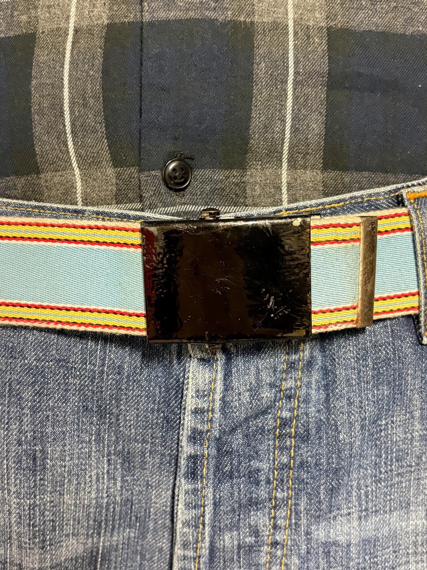 Y2K vintage 2' canvas army style belt in sky blue with red, white and yellow rainbow stripes. 2000s Mens large. Fully adjustable size range