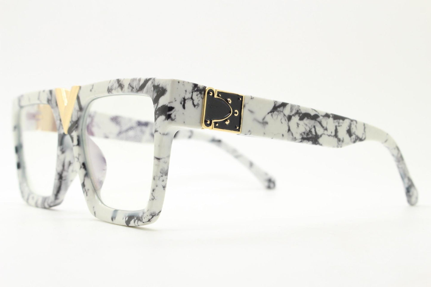 White marble flat top oversized eye glasses. Extreme fashion statement chunky optical frame with V bridge. Prescription. Vintage. RX  NOS