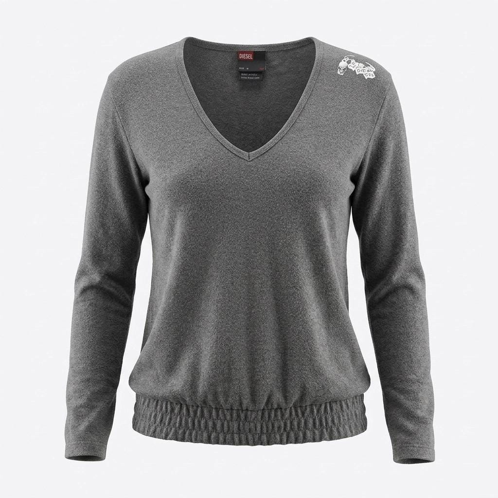 Vintage Y2K Diesel grey fitted fleecy scoop neck pullover with shoulder logo. Womens jumper, 2000s sweatshirt