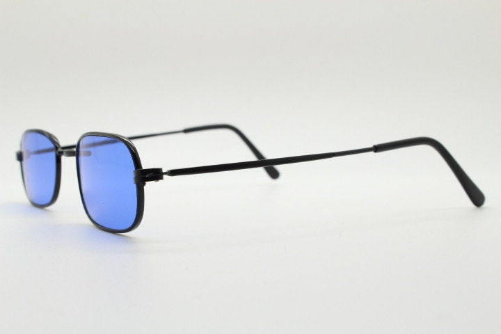 90s vintage minimal metal rectangular sunglasses. Small black frame with striking cobalt blue luxury real glass lenses. NOS