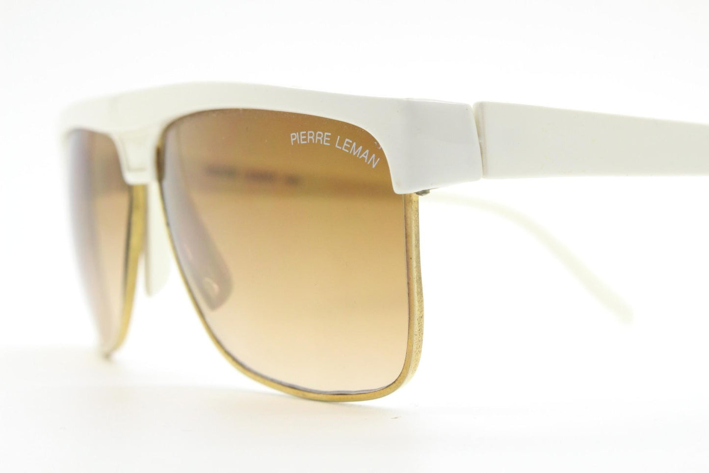 Pierre Leman Paris 80s vintage rectangular sunglasses made in France. Ice white flat top half frame with brown graduating lenses
