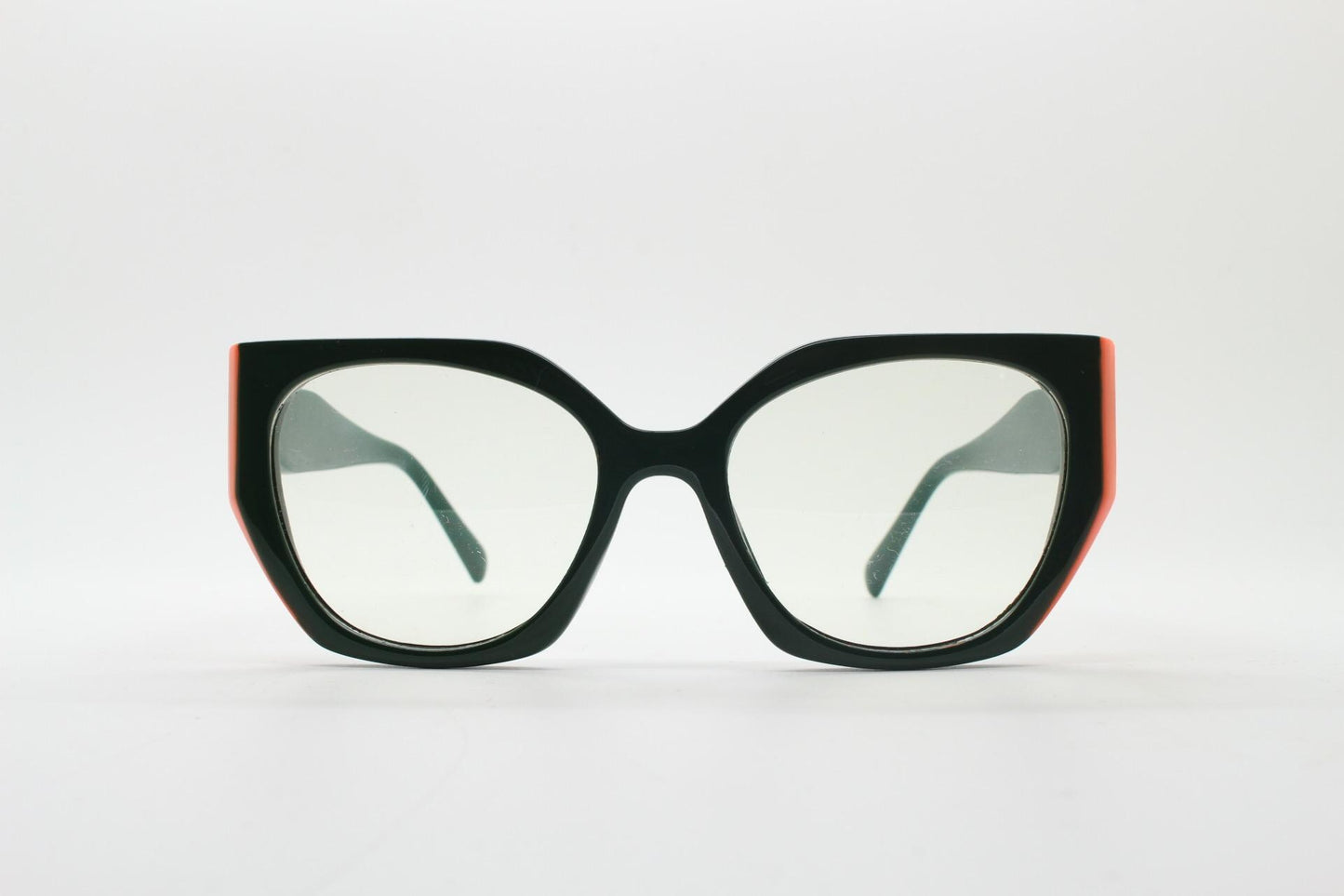 Sharp angled flat top  cat eye glasses. Refined green cateye optical frame with bright orange side sections. Prescription RX Spectacles