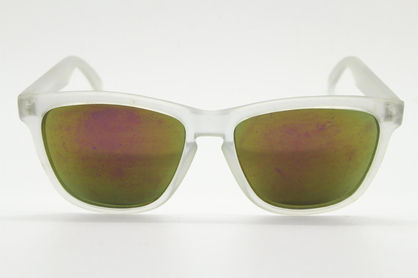 Vintage 80s square sunglasses. All time classic design in solid clear frosted frame with coloured mirror lenses. Rave party shades. NOS