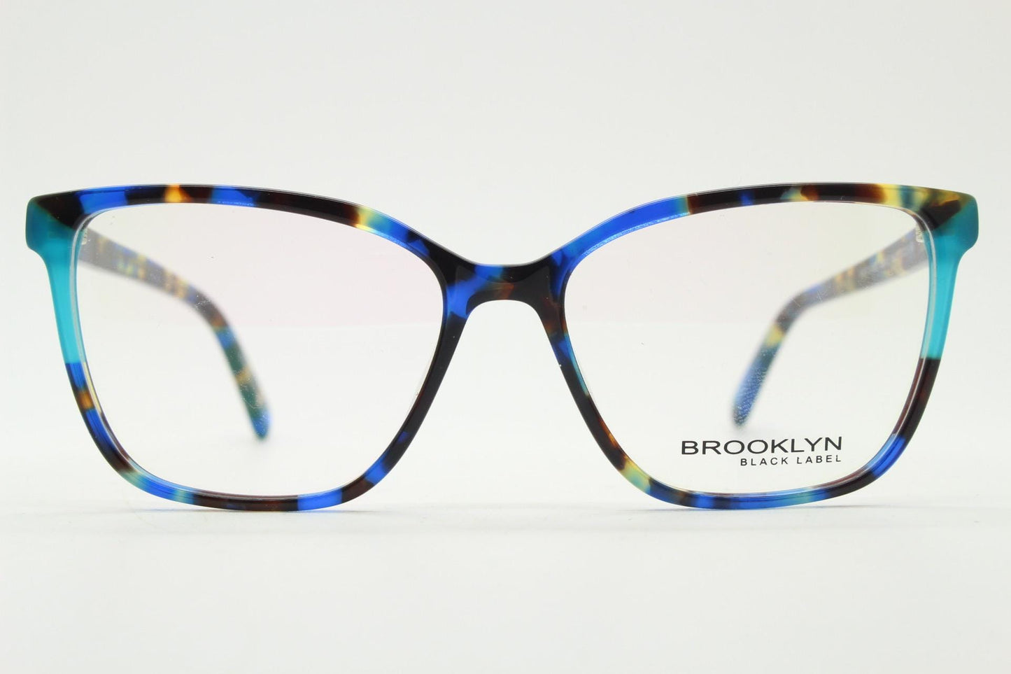 Modified cat eye glasses by Brooklyn. Vibrant blue and brown tones gloss optical frames.  Prescription eyeglasses. RX cateye spectacles