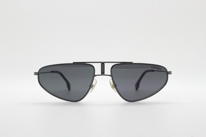 Carrera 90s vintage triangular aviator sunglasses model 1021/S. Gunmetal grey chrome flat top metal frame aviators with black lenses