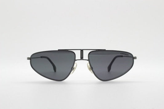 Carrera 90s vintage triangular aviator sunglasses model 1021/S. Gunmetal grey chrome flat top metal frame aviators with black lenses